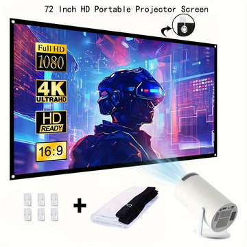 Proyector Portátil de 72 Pulgadas - Pantalla Plegable HD 4K 16:9 con Tela Antiarrugas, Soportes en Esquinas y Cuerda Negra para Cine en Casa, Fiestas o Aula