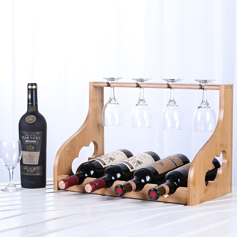 Soporte de vino de bambú de 4 ranuras con copa de madera - Soporte de vaso alto desmontable para vino tinto y almacenamiento de vidrio elegante, acabado de madera natural, perfecto para decoración de bar en casa o mesa de comedor, decoración de vino