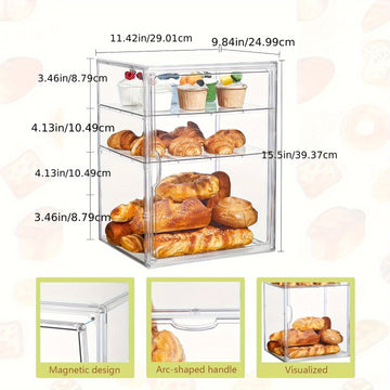 Caja de pan ajustable de 4 niveles - Contenedor de almacenamiento transparente de PET con puerta magnética, exhibidor de cocina hermético para pan, muffins, bagels y pasteles, soporte de pan de encimera | Diseño transparente | Hermético al mar