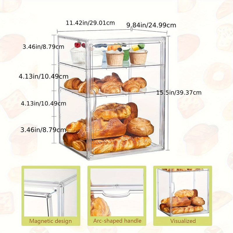 Caja de pan ajustable de 4 niveles - Contenedor de almacenamiento transparente de PET con puerta magnética, exhibidor de cocina hermético para pan, muffins, bagels y pasteles, soporte de pan de encimera | Diseño transparente | Hermético al mar