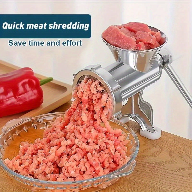 1pc Molinillo de carne de aleación de aluminio duradero manual con asa, molinillo de cocina a prueba de óxido y relleno de salchichas, operación suave para cocina en casa y fiestas, herramienta de preparación de alimentos | Apariencia metálica elegante |