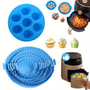 Juego de 7 piezas: 6 fundas de silicona de tamaño múltiple para freidora de aire + 1 molde de pastel de 7 agujeros - Bandejas de hornear azules no adherentes con bordes ondulados, perforadas para una cocción uniforme, fácil limpieza - Herramientas de hor
