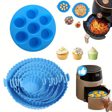 Juego de 7 piezas: 6 fundas de silicona de tamaño múltiple para freidora de aire + 1 molde de pastel de 7 agujeros - Bandejas de hornear azules no adherentes con bordes ondulados, perforadas para una cocción uniforme, fácil limpieza - Herramientas de hor