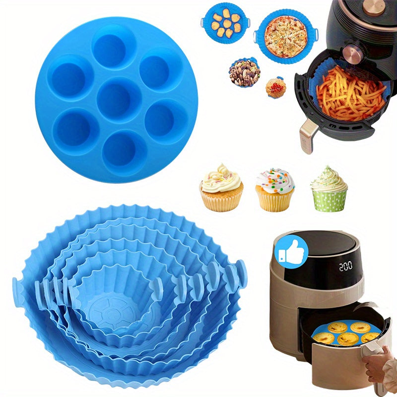 Juego de 7 piezas: 6 fundas de silicona de tamaño múltiple para freidora de aire + 1 molde de pastel de 7 agujeros - Bandejas de hornear azules no adherentes con bordes ondulados, perforadas para una cocción uniforme, fácil limpieza - Herramientas de hor