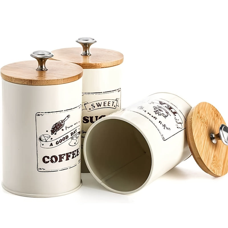 3 piezas/conjunto Cubiertas de frasco de mostrador de cocina, Cubiertas de frasco de cocina retro metálicas, Tres conjuntos, Cubiertas de frasco de café azúcar té, Frascos de almacenamiento de alimentos con tapas de bambú, Decoración de cocina de granja