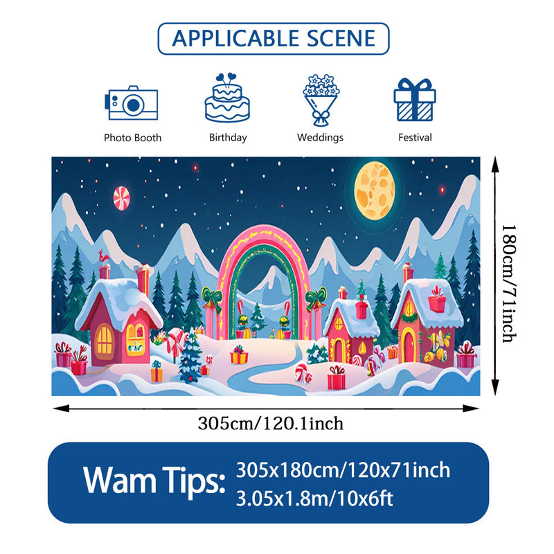 2D Banner de Puerta, 1 Pieza, Escena de Pueblo Navideño con Casas Cubiertas de Nieve, Casa de Jengibre y Cielo Lunar - Poliéster, Ideal para Decoraciones Navideñas, Bodas y Celebraciones de Jardín al Aire Libre, Decoraciones Navideñas