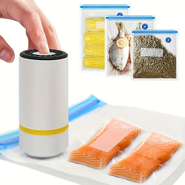 Sellador de vacío portátil para uso en el hogar, completamente automático para alimentos secos y húmedos, incluye una bolsa de comida, 1 bomba eléctrica y 3 bolsas de cierre de vacío grandes, medianas y pequeñas para almacenamiento.