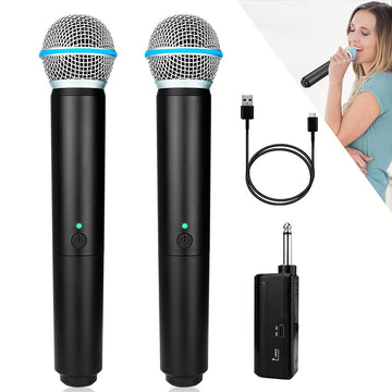 Heikuding Sistema de Micrófono Inalámbrico Dual con Receptor Recargable - 20H de Autonomía, Alcance de 100 Pies, Carga USB, Batería 18650, Soporte Clip/De Pie e Indicador de Batería - Jack de 6.35mm para Karaoke, Bodas, DJ, Fiestas, Iglesia (), Diseño El