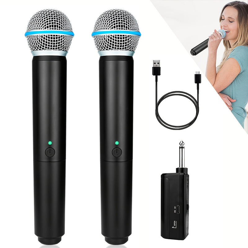 Heikuding Sistema de Micrófono Inalámbrico Dual con Receptor Recargable - 20H de Autonomía, Alcance de 100 Pies, Carga USB, Batería 18650, Soporte Clip/De Pie e Indicador de Batería - Jack de 6.35mm para Karaoke, Bodas, DJ, Fiestas, Iglesia (), Diseño El