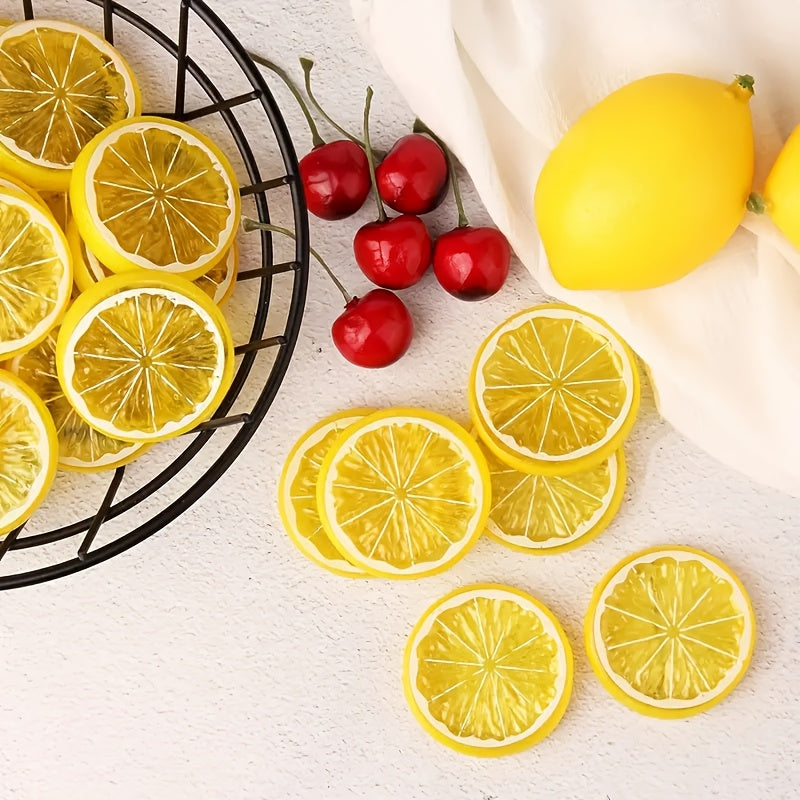 20-Unidades de 5 cm de Rebanadas de Limón Amarillo - Fruta Artificial de Plástico Realista, Ideal para Decoración del Hogar, Navidad, Acción de Gracias, Día de San Valentín, Día de la Madre, Graduación, Reunión, Fiestas de Playa y Cócteles sin Contenedor