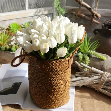 20 piezas de Tulipanes Artificiales Blancos Elegantes, con Hojas Verdes Luxuriantes, para Bodas, Compromisos, Decoración del Hogar