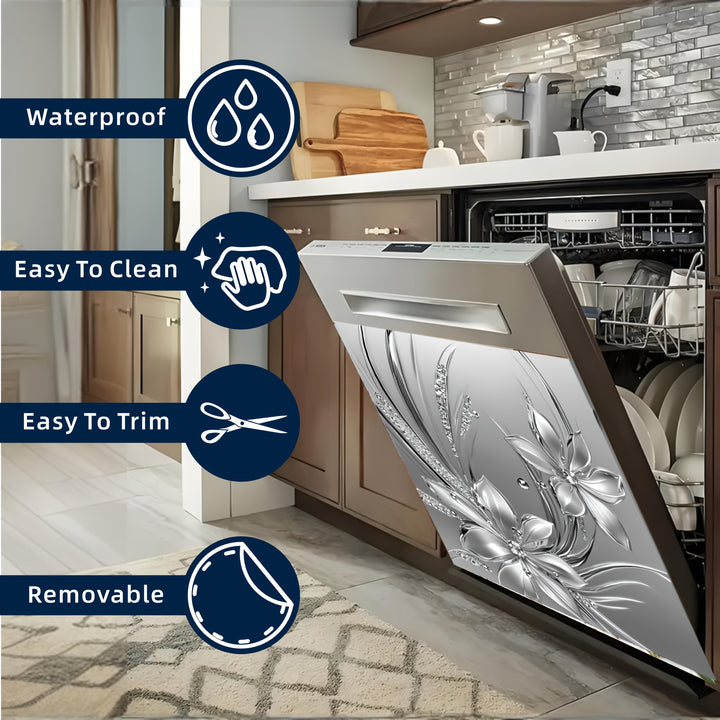 1 pieza de metal plateado con relieve de flores 2D, cubierta magnética para puerta de lavavajillas, decoración con imán, imán de flores de metal plateado, imán plateado, adecuado para decoración de pintura de cubierta de puerta de lavavajillas, póster de