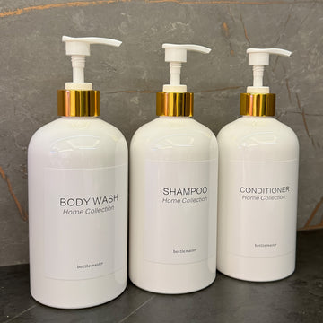 3 Piezas Dispensador de Champú y Acondicionador con Soporte para Pared | Juego de 3 Botellas Plásticas de 16.9 fl oz en Blanco o con Bomba de Bambú