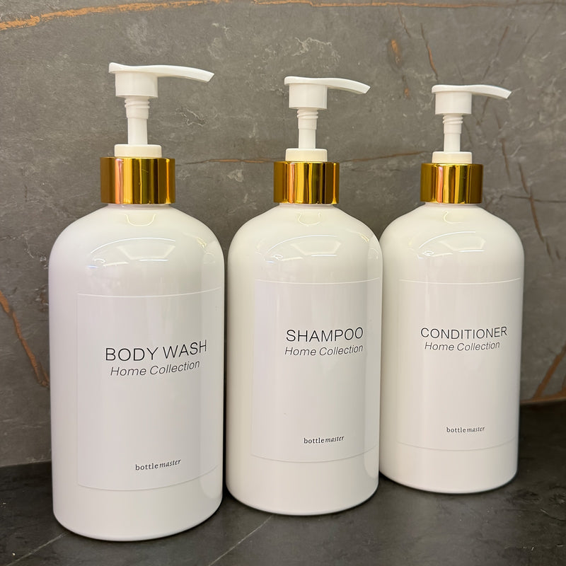 3 Piezas Dispensador de Champú y Acondicionador con Soporte para Pared | Juego de 3 Botellas Plásticas de 16.9 fl oz en Blanco o con Bomba de Bambú