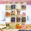 Juego de 12 Tarros Redondos para Especias de Vidrio de 6oz/9oz con Tapas de Bambú Selladas, Bolígrafo y Etiquetas, Cepillo de Limpieza para Organización de Alimentos en la Cocina - Bolsitas de Té, Granos de Café, Dulces, Galletas