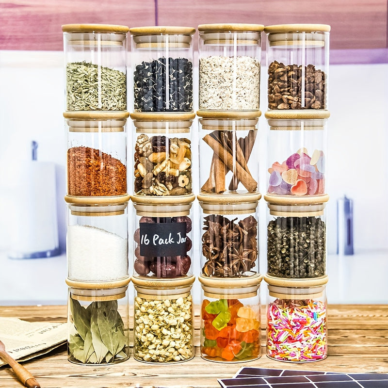 Juego de 12 Tarros Redondos para Especias de Vidrio de 6oz/9oz con Tapas de Bambú Selladas, Bolígrafo y Etiquetas, Cepillo de Limpieza para Organización de Alimentos en la Cocina - Bolsitas de Té, Granos de Café, Dulces, Galletas