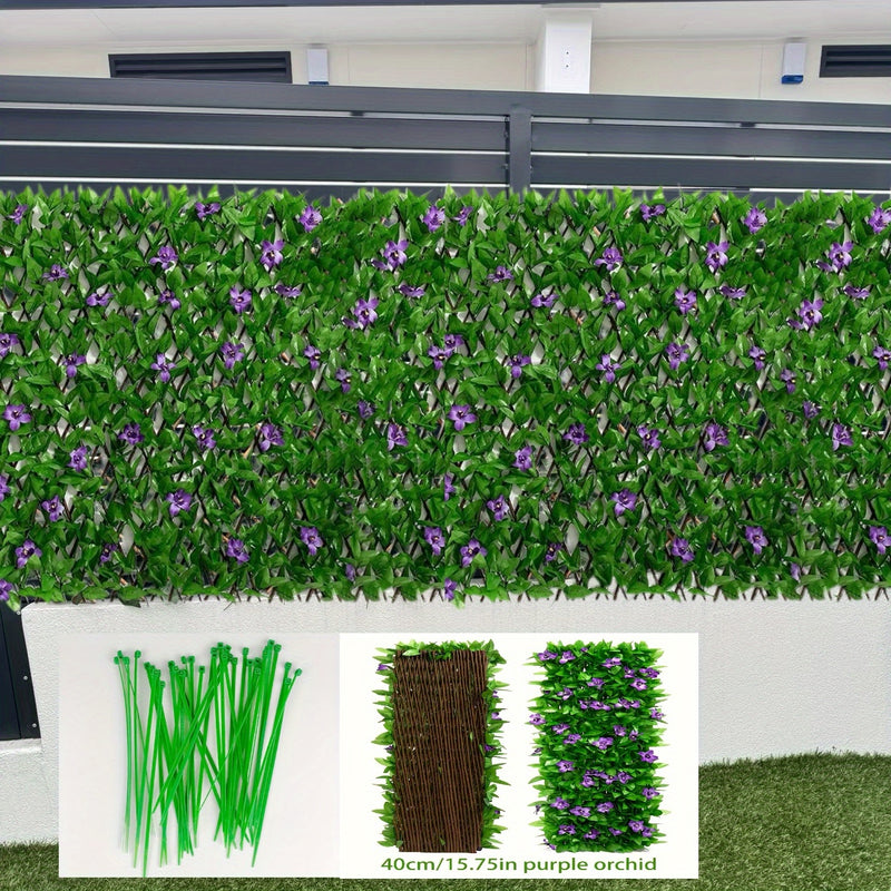 Juego de Pantalla Decorativa para Patio Cuatro Estaciones - Incluye 20 Ataduras para Fijación Segura, Expandible y Sin Mantenimiento | Hiedra Artificial Anti-Moho e Insectos + Orquídea Falsa en PVC Resistente a los Rayos UV | 40cm*200cm | Ideal para Pati