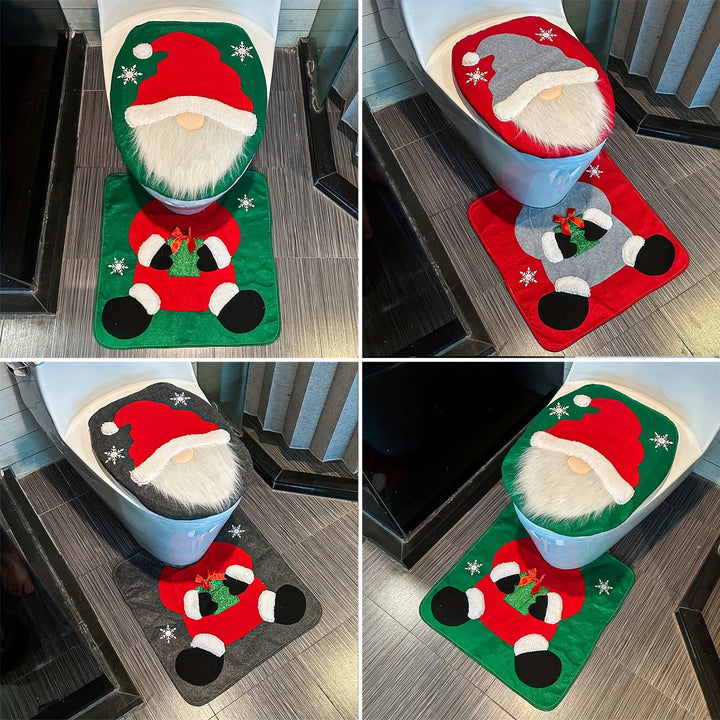 Juego de Cubierta de Asiento de Inodoro y Alfombra de Navidad de Dos Piezas con Enano de Santa - Decoraciones Navideñas - Decoración de Baño Estacional, Kit Creativo de Accesorios para el Hogar con Diseño Festivo