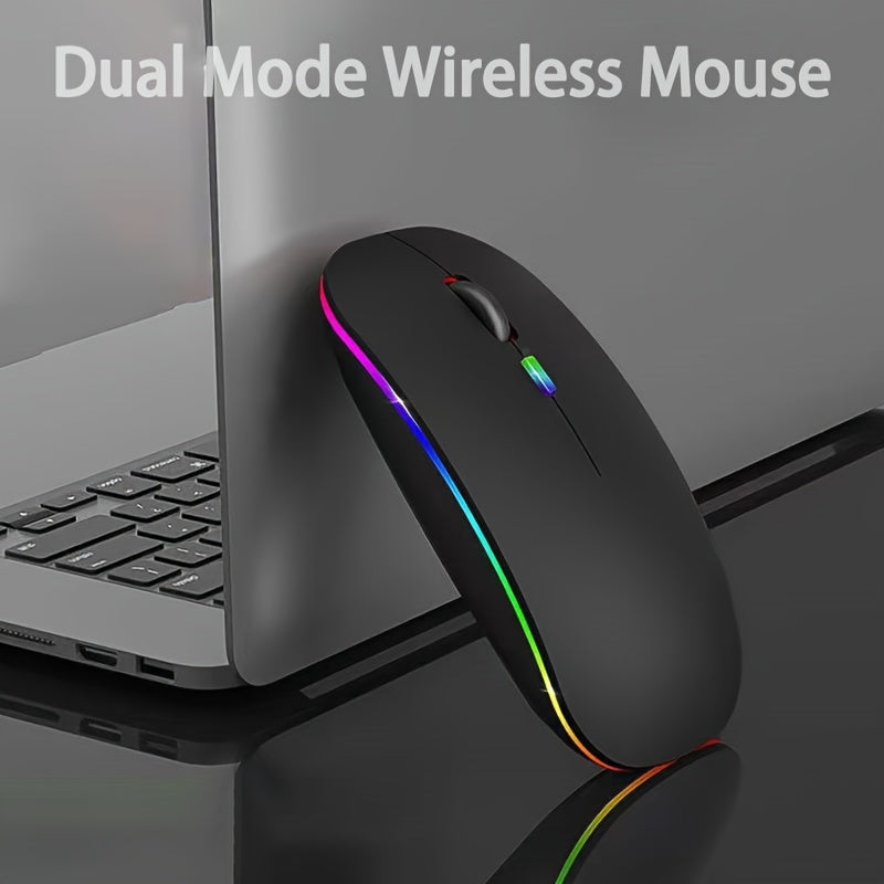 Ratón inalámbrico dual modo portátil con LED, ratón inalámbrico 2.4G/5.0 para computadora, oficina y entretenimiento, batería recargable integrada, larga duración, botones silenciosos, ambidiestro, bajo retardo, compatible con computadoras, laptops y tab