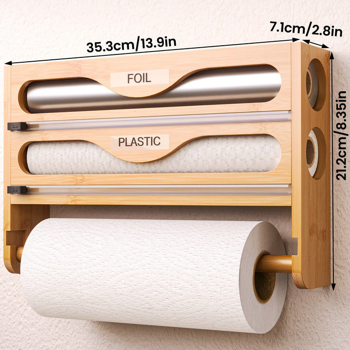 [Rollos de Bambú en la Pared] Portarrollos de Tejido de Bambú Montado en la Pared - 1 ud Dispensador de Envoltura de Plástico con Caja de Corte de Múltiples Compartimentos