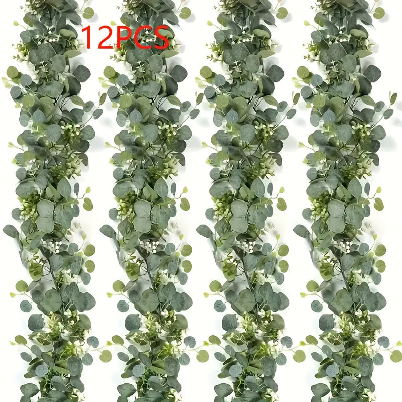 12 Piezas de Guirnaldas Artificiales de Eucalipto y Sauce con Flores Blancas - 6 Pies, Hojas Verdes Multifuncionales para Bodas, Decoración del Hogar y Eventos, Estilo Clásico, Temática Nupcial, Plantas/Florales Artificiales para Exteriores