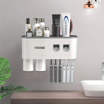 Soporte de Pared para Cepillos de Dientes con Dispensador Automático - 6 Ranuras, Vasos Magnéticos, Cajón para Cosméticos y Bandeja de Almacenamiento - Organizador de Baño Elegante en Negro