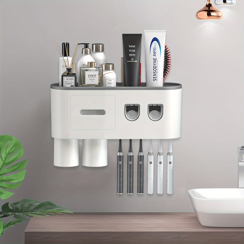 Soporte de Pared para Cepillos de Dientes con Dispensador Automático - 6 Ranuras, Vasos Magnéticos, Cajón para Cosméticos y Bandeja de Almacenamiento - Organizador de Baño Elegante en Negro