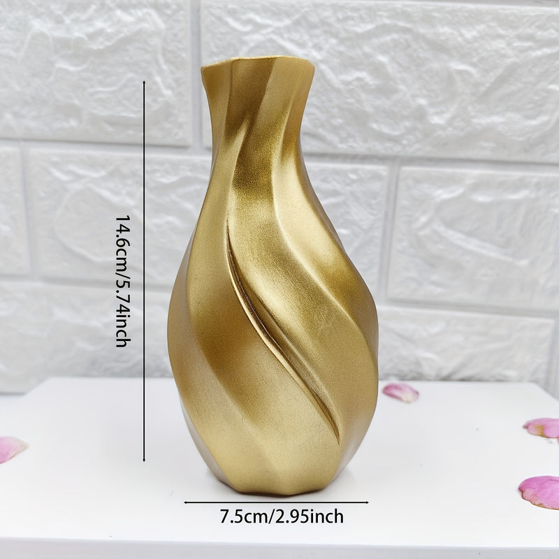 1 florero decorativo elegante de resina dorada con diseño floral rosa, estilo americano en forma de cilindro espiral, para sala, balcón o escritorio de oficina, decoración para el hogar