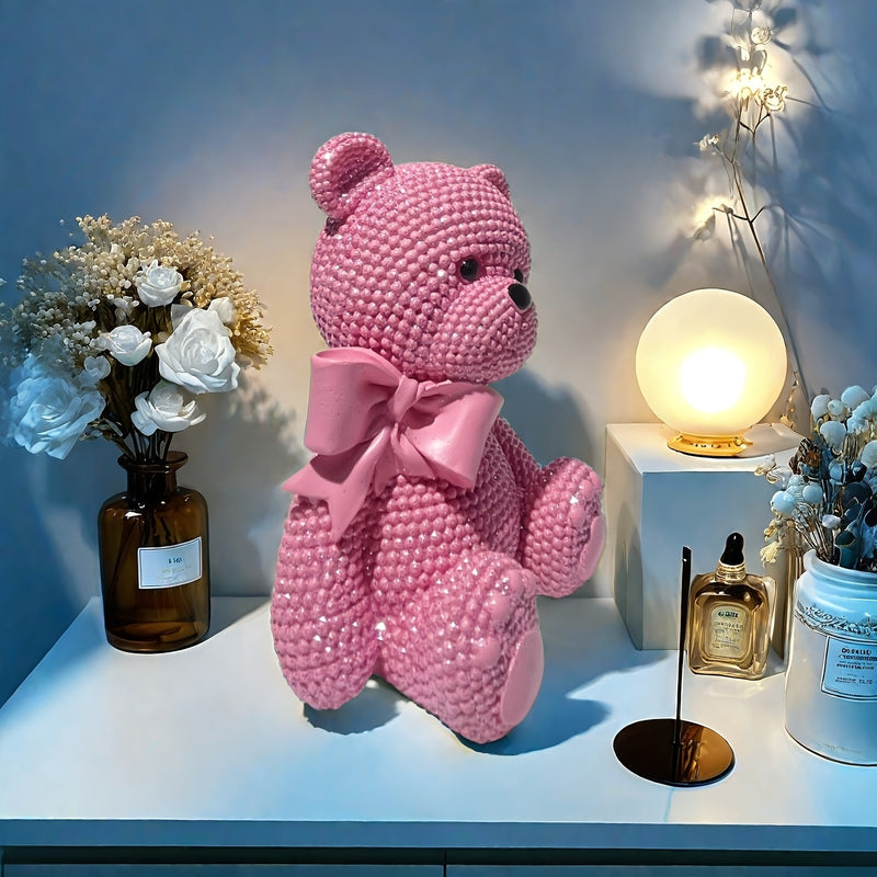 Figura de Oso con Lazo Rosa Adorable - Teddy de Resina con Temática de Amor y Acabado Perlado, Ideal para San Valentín, Navidad, Decoración de Año Nuevo | Regalo Perfecto para Vitrinas, Dormitorio y Detalles de Habitación