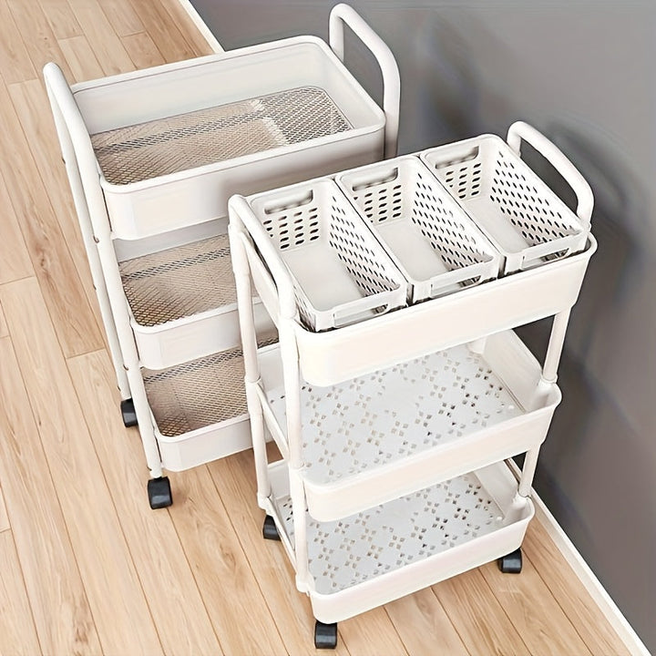 Carro de Almacenamiento Rodante de Tres Niveles - Organizador Multiusos Blanco y , Adecuado para Cocina, Baño, Dormitorio - Diseño en Plástico Grueso, Estantería Móvil Ahorradora de Espacio, Carrito de Cocina