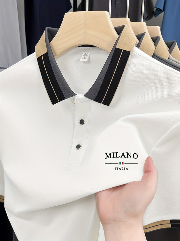 Camiseta polo ligera y suave para hombre con estampado de letras "MILANO ITALIA" - Transpirable para verano, uso casual y empresarial, ajuste regular, cuello con botones, perfecta para vacaciones y uso diario, ropa de vacaciones, diseño de contraste eleg
