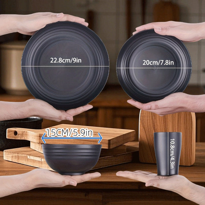 Juego de 16 piezas de platos de cena indestructibles y utensilios de cocina reutilizables, con 8 platos, 4 tazas y 4 tazones, fácil de limpiar, juego de platos de temporada/novedad.