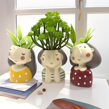 Maceta Pequeña con Forma de Hada, Macetas para Suculentas, 7.62 cm Maceta con Cara de Niña y Adornos de Drenaje en Resina para Plantas de Cactus, Regalo para Mujeres y Decoración de Jardín