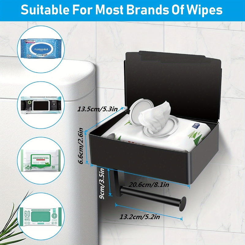 Soporte de Papel Higiénico de Acero Inoxidable con Estante y Dispensador de Toallitas - Montado en la Pared, Acabado Mate Negro para la Organización del Baño