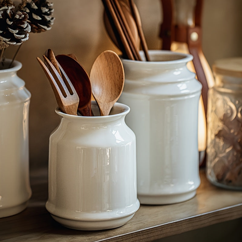 1pc Recipiente de Cerámica Blanca - Organizador Minimalista con Boca Afilada para Utensilios de Cocina, Palillos, Tenedores y Bolígrafos - Contenedor Multiusos Decorativo, Almacenamiento Elegante para Utensilios, Diseño Liso y Acabado Suave