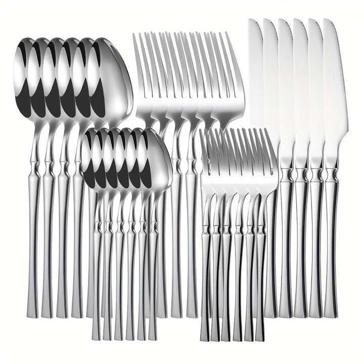 30 piezas de cubertería de acero inoxidable que incluye cuchillo de cena, tenedor, cuchara, tenedor de postre, cuchara de postre y cuchara de café para uso en el hogar y en restaurantes.