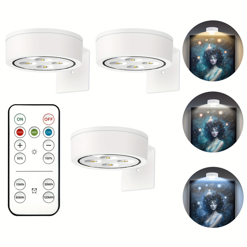 3 unidades de luces de imagen inalámbricas VILSOM LED, con batería y control remoto, regulables y temporizadas, 3 modos de luces de exhibición de arte para retratos y decoración de pared, montaje semibrillo, ajustable, acabado pulido, plástico, alimentad