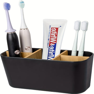 Portarrollos de dientes para baños, soporte de cepillo de dientes de bambú con 5 ranuras organizador de tocador para baño para cepillos de dientes eléctricos, pasta de dientes, rasuradoras - Negro