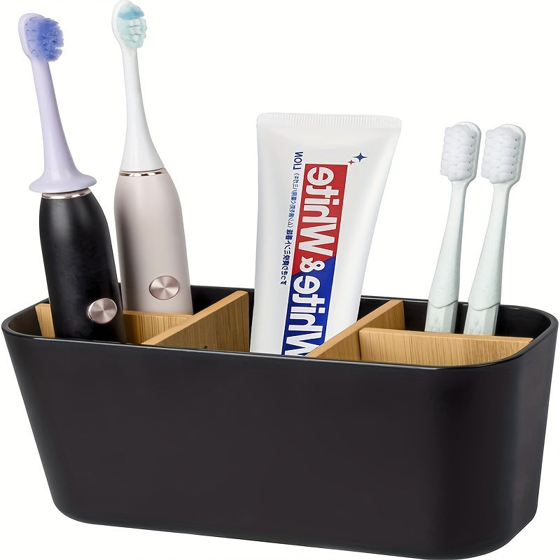 Portarrollos de dientes para baños, soporte de cepillo de dientes de bambú con 5 ranuras organizador de tocador para baño para cepillos de dientes eléctricos, pasta de dientes, rasuradoras - Negro