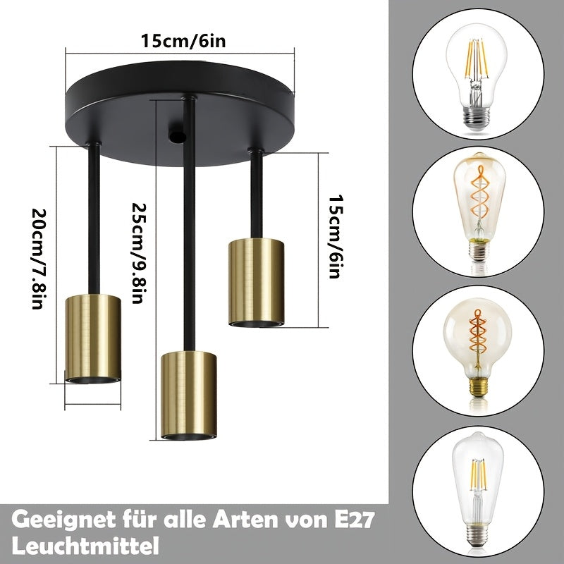 Lámpara de techo moderna de 3 cabezas - Montaje semienterrado con brazo ajustable, base de hierro fundido y cables chapados, regulable para comedor, dormitorio, estudio, sala de estar - Compatible con bombillas E26, iluminación contemporánea, iluminación