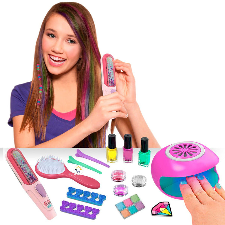 Kit 2 en 1 Set de uñas Lámpara Spa + Plancha Mágica Pinta Cabello Niñas MBK377