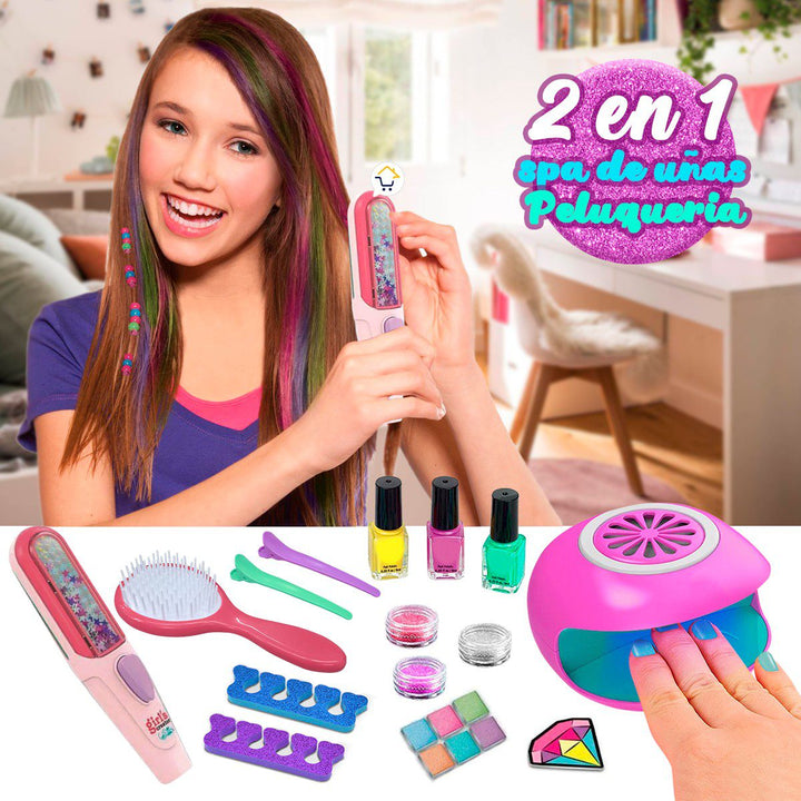Kit 2 en 1 Set de uñas Lámpara Spa + Plancha Mágica Pinta Cabello Niñas MBK377