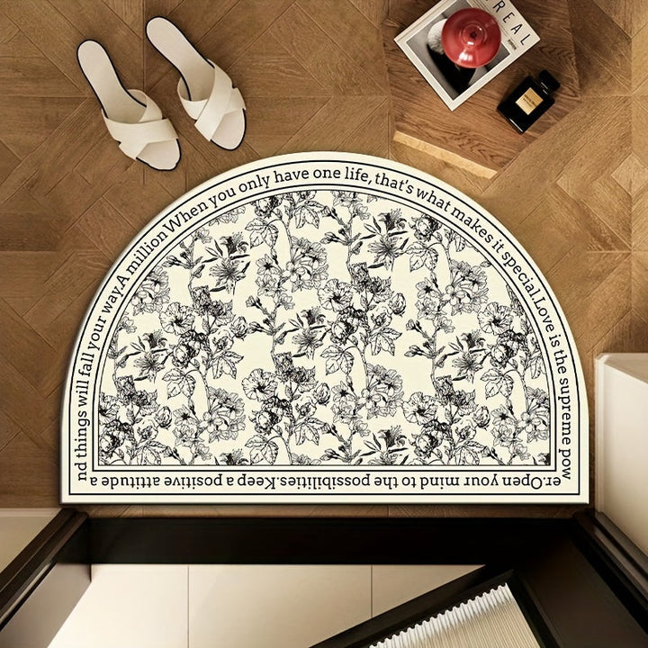 Elegante Alfombra de Baño Floral Semi-Circular - Secado Rápido, Antideslizante, Alfombra de Barro de Diatomeas con Frase Inspiradora, Suave y Duradera, Diseño en Blanco y Negro para Decoración Moderna del Hogar, Decoración de Baño