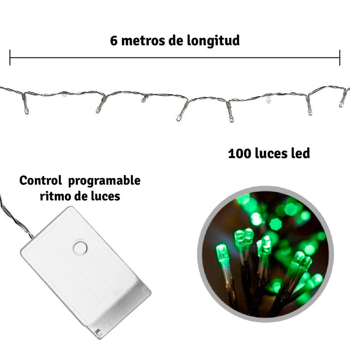 Extensión Luz LED Lineal 100 Luces 6 M. Navidad Verde 1424