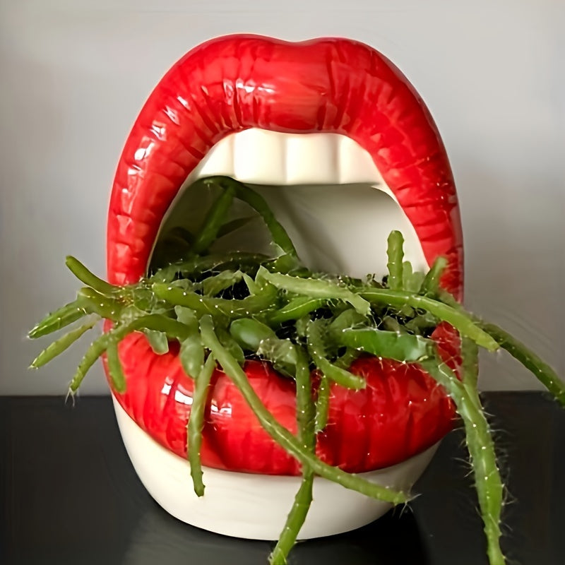 1 maceta con forma de labios de resina, estilo contemporáneo, multifuncional, decorativa para sala de estar, pieza de arte con diseño de labios, maceta liviana para interiores y exteriores