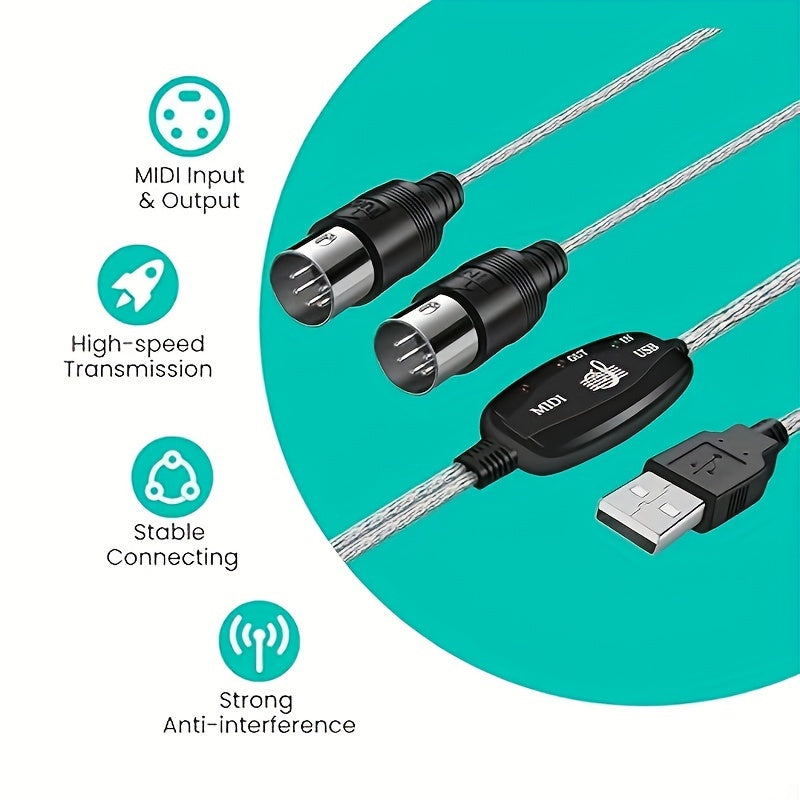 1pc 2-en-1 Cable Convertidor USB a MIDI, 16 Canales Cable de Interfaz Redonda Macho a Hembra Cat5e, Adaptador de Teclado Sintetizador Plug & Play para PC, Estudio de Música, Portátil, Windows, Mac - No Se Requiere Batería