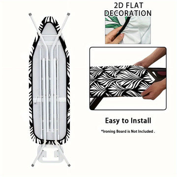 1 cubierta de tabla de planchar de acero pesado con borde elástico - Rejilla completa, gancho estándar, lavable en máquina, diseño de hojas negras y blancas, se ajusta a la mayoría de las tablas estándar, seguro para planchar, artículos esenciales del ho