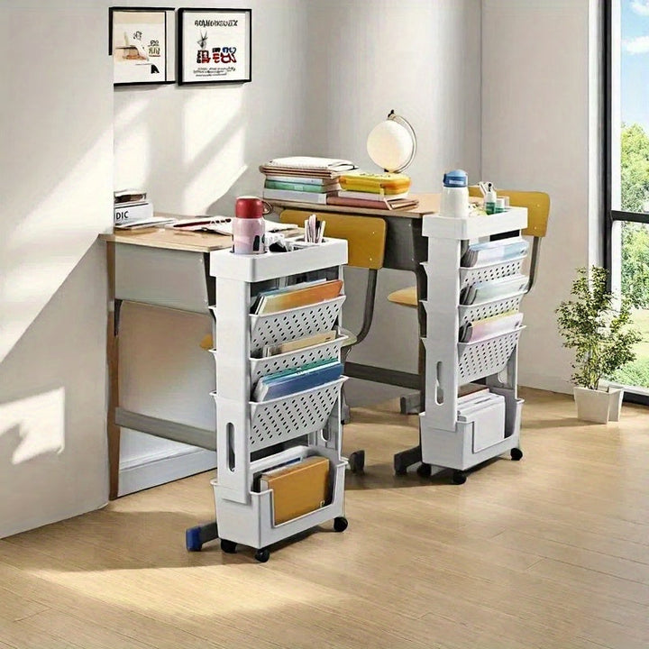 Estantería de Escritorio con 5 Niveles y Ruedas - Almacenamiento Multifuncional para Libros, Revistas y Periódicos - Adecuada para Oficina, Estudio, Dormitorio, Sala de Estar