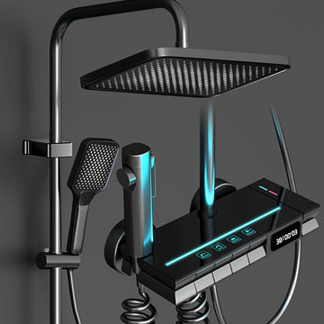 1 juego de sistema de ducha de lluvia termostático de cobre completo con pantalla digital LED inteligente, con luces de ambiente para el baño del hogar, ducha de lluvia de baño y ducha de mano, accesorios de baño