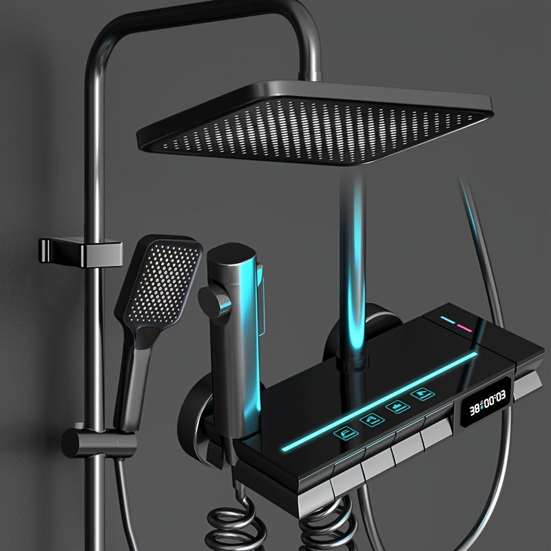 1 juego de sistema de ducha de lluvia termostático de cobre completo con pantalla digital LED inteligente, con luces de ambiente para el baño del hogar, ducha de lluvia de baño y ducha de mano, accesorios de baño